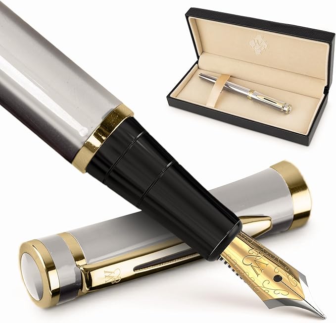 Wordsworth & Black Fountain Pen Set, 18K Gilded Broad Nib, Includes 6 Pack Ink Cartridges, Ink Refill Converter & Gift Box, Gold Finish, Calligraphy, [Silver Gold], Perfect for Men & Women