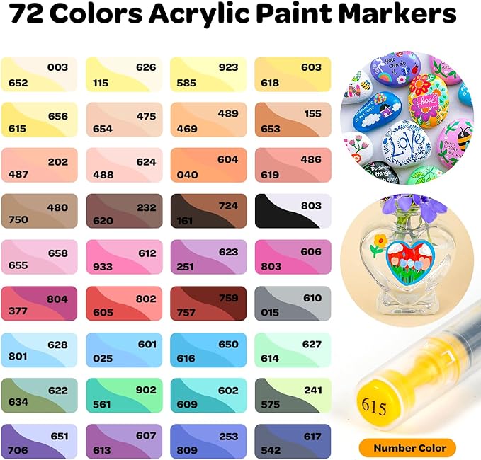 72 Colors Acrylic Paint Markers, Soft Brush Tip Pens and Markers, Water-Based Acrylic Paint Pens for Wood, Stone, Canvas, Glass, Fabric, Egg, Rock Painting and DIY Crafts Art Supplies