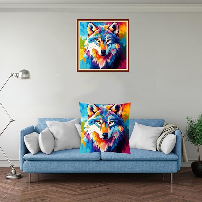 Fanxvivy Stamped Cross Stitch Kits for Adults Beginners Pillow Needlepoint Kit with Embroidery Pattern Needlework Kit Prestamped Stitches Kit 11CT Cross Stitching-Colorful Wolf 18x18 inch