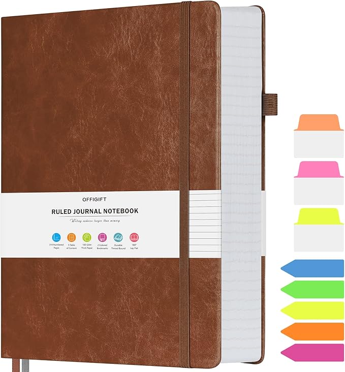 College Ruled Notebook, Large B5 Hardcover Leather Journal, 314 Numbered Pages Writing Journal, 100gsm No Bleed Paper, Lined Journal Notebook for Women Men School Office, 7.6'' X 10'', Brown