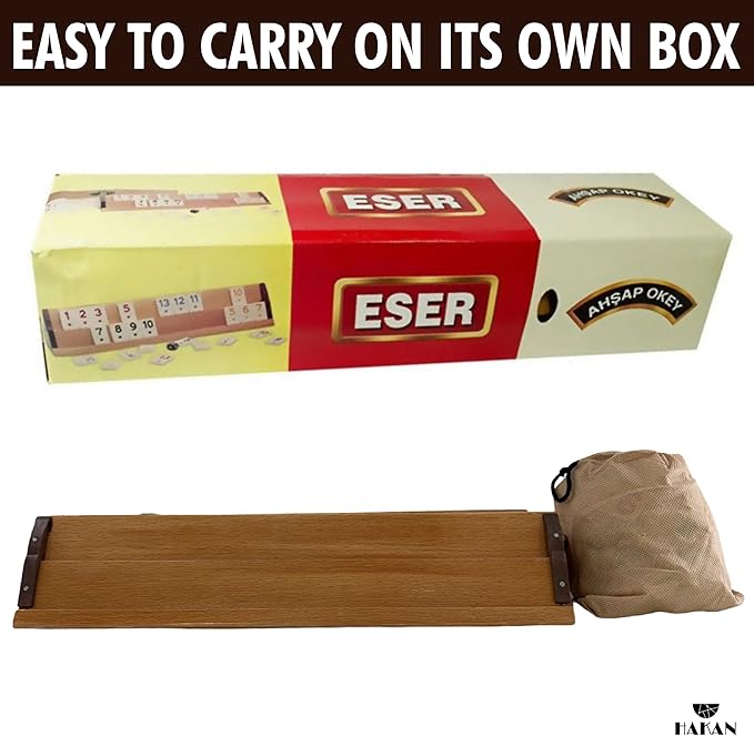 Hakan Turkish Okey Game Rummy Cube Game Rummy Cube Set with 4 Straight Wooden Racks Tile Holder and 106 Melamine Tiles Stones in Pouch