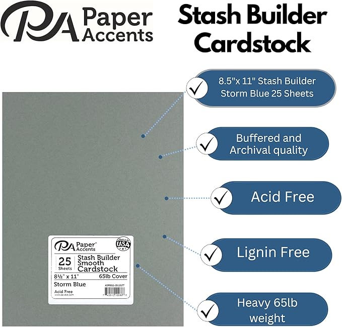 PA Paper Accents Stash Builder Cardstock 8.5" x 11" Storm Blue, 65lb colored cardstock paper for card making, scrapbooking, printing, quilling and crafts, 25 piece pack