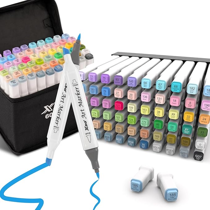 XSG Alcohol Markers,60 Colors Dual Tip Brush & Chisel Tip Art Marker Set,for Blending & Shading,Ideal for Coloring Books & Professional Artwork,Includes Blender Pen & Portable Case,Ideal for All Ages