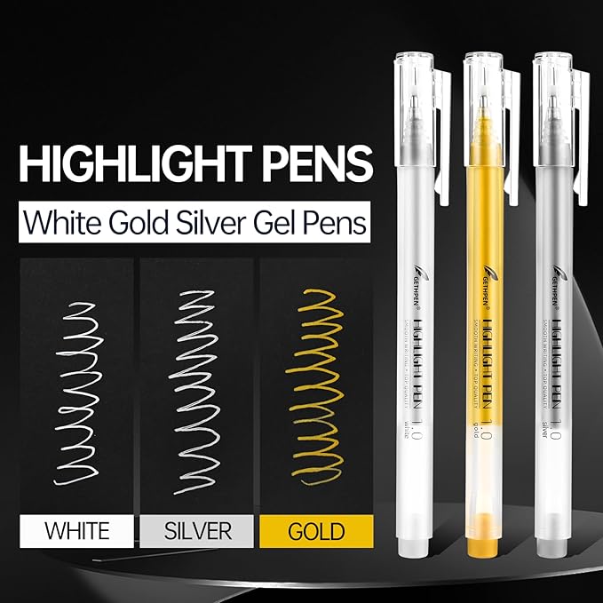 Gold Silver White Gel Pens, 1mm Fine Point Gel Ink Pen Opaque Archival Ink Pens for Black Paper Drawing, Sketching, Illustration, Card Making, Bullet Journaling, 6 Pack