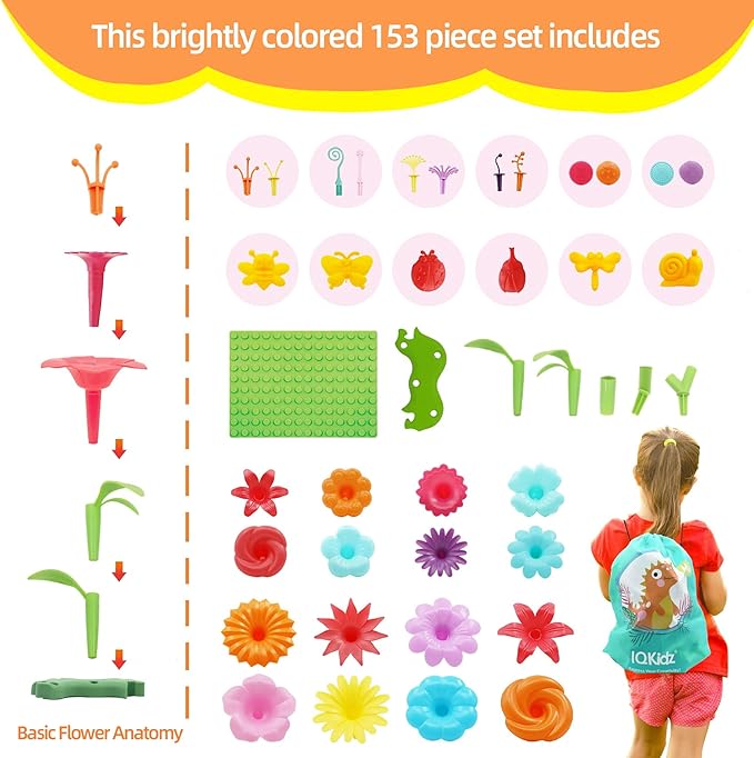 3-6 Years Old Toddler Toys - Flower Garden Building Toy with Insect Pegs, Educational Activity Gifts for Girls Preschool-Kindergarten, 153Pcs STEM Stacking Pretend Play Set