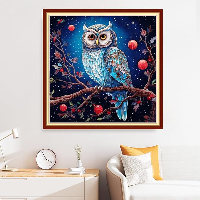 Disxvivy Cross Stitch Stamped Full Embroidery Kits DIY 11CT Cotton Thread Printed DIY Needlepoint Kits Craft Needlework Set Cross-Stitch Stamped Sets-Owl on Tree 18x18 inch