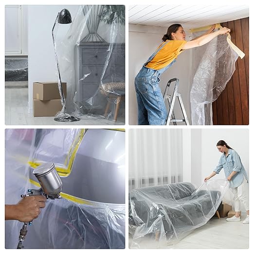 HARFINGTON 3 Rolls Pre-Taped Masking Film 78.7" x65.6ft Double Adhesive Tape and Drape Painters Plastic Drop Cloth Film with Tape Plastic Sheeting for Automotive Painting Covering