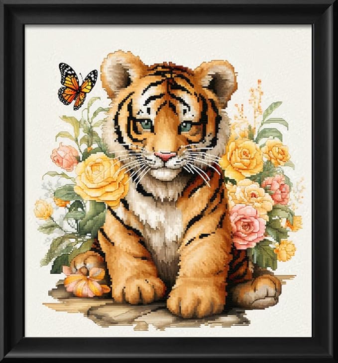 Leczany Cross Stitch Stamped Kit for Adults or Kids - Little Tiger and Butterfly | DIY Embroidery Starter Patterns Craft Kit Needlepoint for Beginner | 11CT, 3 Strands | 14.2x15.8 inches