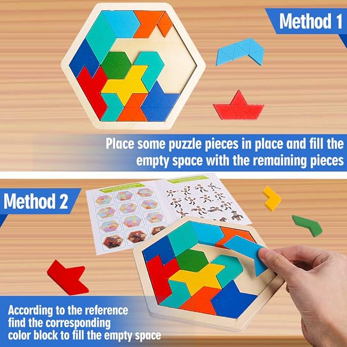 Skrtuan Wooden Hexagon Puzzle for Kid Adults Brain Teaser Blocks Puzzles Games Toy Shape Pattern Block Tangram Geometry Logic IQ STEM Montessori Educational Gift for Kids Children Boys Girls