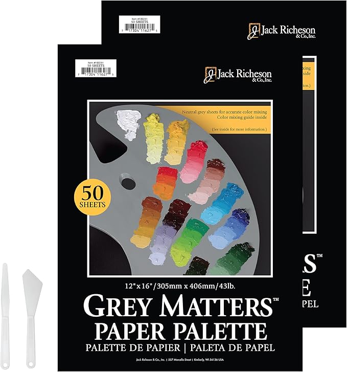 Jack Richeson Grey Matters Disposable Paper Palette 12” x 16”, 2 Pack, Includes 2 Palette Knives