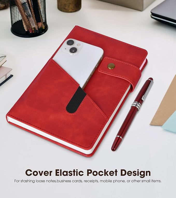 Red A5 Lined Leather Journal Notebook for Men Women,5.9" X 8.4" Personalized Hardcover Journal with Pen,200 Pages 100 Gsm Thick Ruled Paper Daily Diary for Travel,Business,Work,Writing