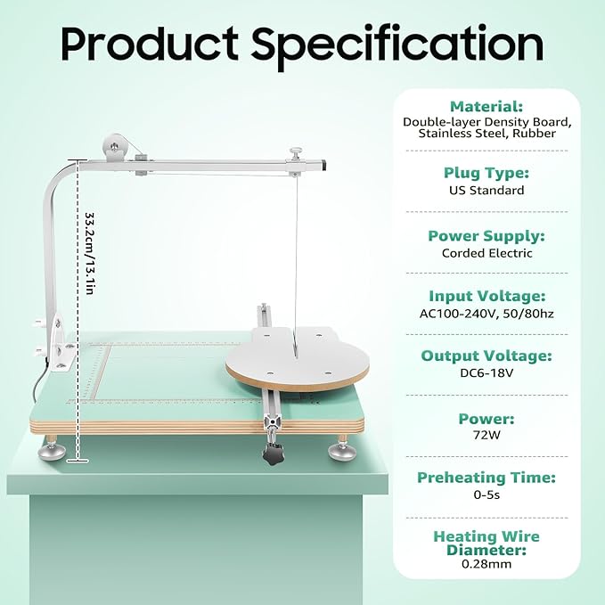 Foam Cutting Machine, 72W Hot Wire Foam Cutter Working Table Electric Hot Wire Ribbon Cutter Adjustable Temperature & Bracket Angle Commerical Wire Cutters Working Table for Pearl Cotton