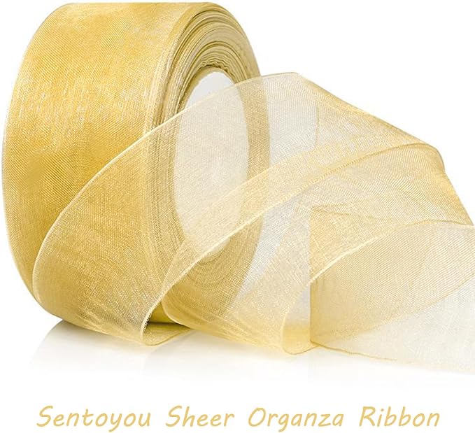 Gold Ribbon for Gift Wrapping, 1 inch 50Yard Sheer Organza Ribbon for Flower Bouquet, Golden Gifts Wrap Chiffon Ribbons for Fathers Day, Crafts, Christmas, Wedding, Birthday Party Decoration