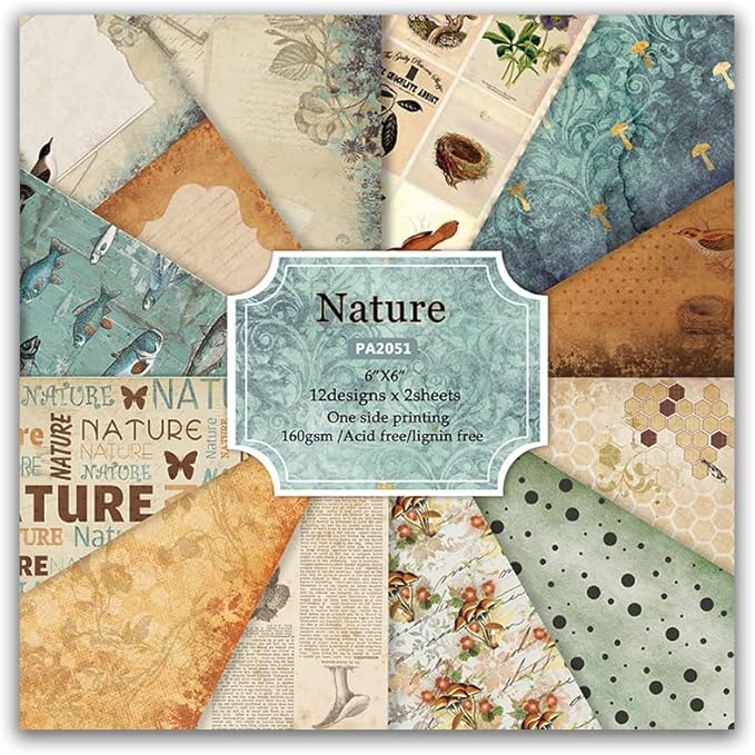 Vintage 6x6 Inch Scrapbook Paper Pad, Single-Sided 12 Unique Nature Designs, Ideal for DIY Crafting, Card Making and Journaling - 24 Sheets