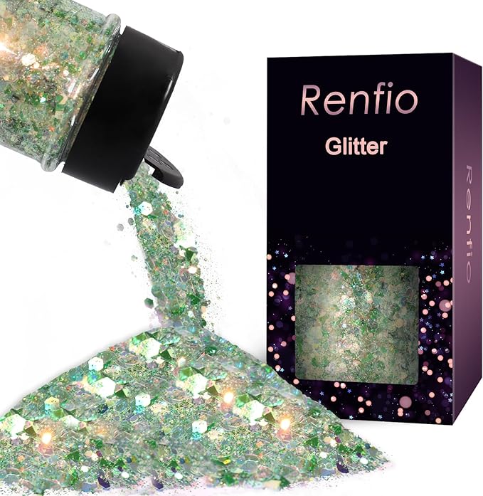 Renfio Opal Chunky Glitter, 1.75oz/50g Green Glitter, Dreamy High Sparkle Glitter for Crafts Holographic Fine Glitter Mix Iridescent Glitters Flake for Resin Nails Art Hair DIY Snow - Green Pinery