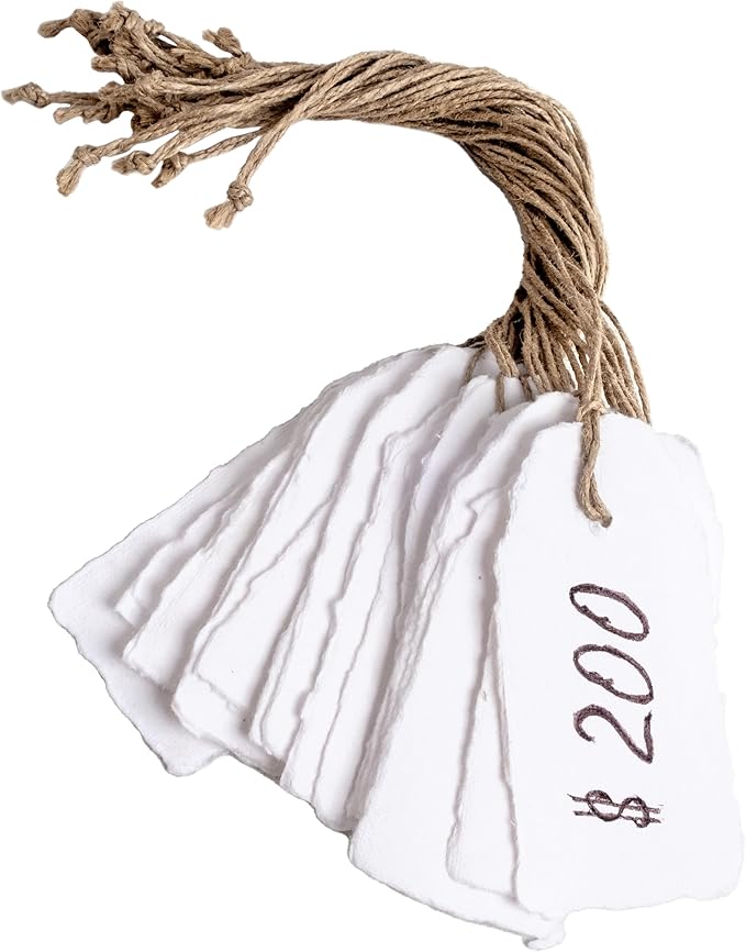Wanderings Handmade White Deckled Edge Tags with String - 3.75 x 1.75” Only - Pack of 25 - Ideal for Price or Gift Tags, Arts, Crafts, Place Cards, Name Cards - Cold Press Thick 150 GSM