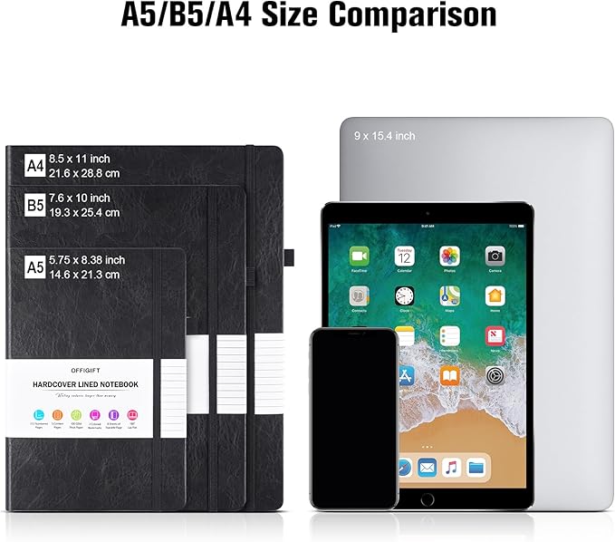 Lined Journal Notebook, Large A5 College Ruled Notebook, 312 Numbered Pages Work Notebook with Index Stickers, 100gsm Thick Paper, Hardcover Vegan Leather Journal for Women Men School Office, Black