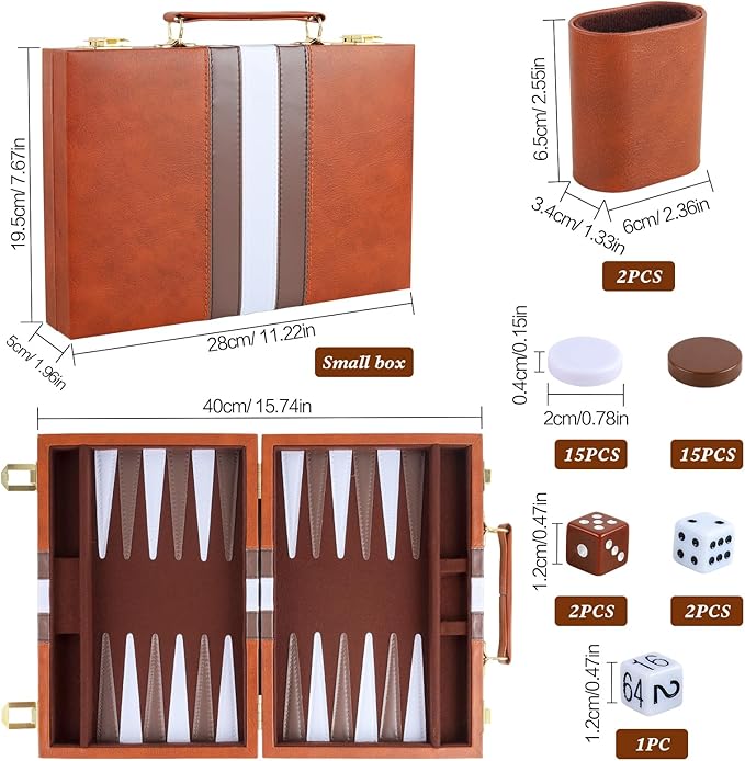 Backgammon Set 2 Players Classic Backgammon Sets for Adults Board Game with PU Leather Case Portable and Travel Backgammon Set (Brown, 11inch)