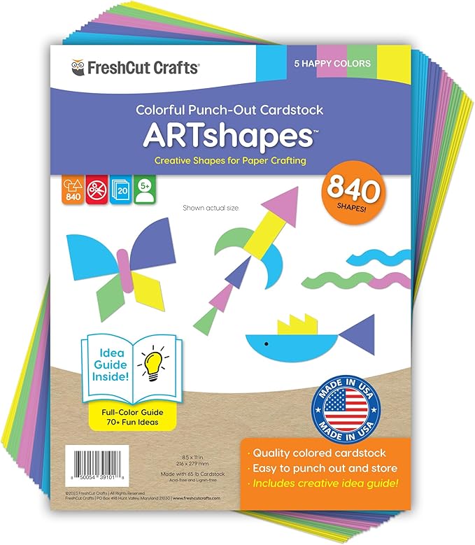 ARTshapes 840 pc Creative Paper Shapes Pack with 70+ Idea Guide - US Made Card Stock - Punch Out Funky DIY Craft Supplies for Whimsical Art Designs, Paper Crafts, and Pattern Play 5 Happy Colors