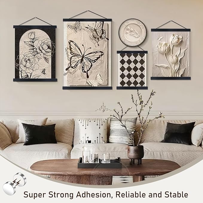 Artmag Magnetic Poster Hanger Frame, 47x36 47x30 47x60 Light Wood Wooden Magnet Canvas Artwork Print Dowel Poster Hangers Frames Hanging Kit (Black, 47")
