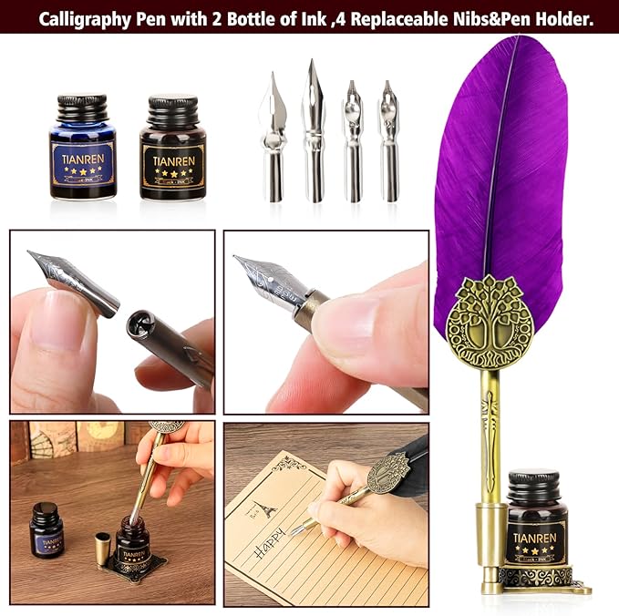 Quill pen ink set,Feather Pen and Ink Set,Antique Calligraphy Pen with 4 Replaceable Nibs,2 Bottle of ink,Feather Dip Pen Holder Christmas Gift for Men&Women.(Purple)