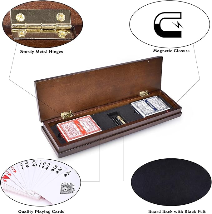 AMEROUS Wooden Cribbage Board Game Set with Magnetic Lock - Metal Pegs - 2 Playing Cards - Continuous 3 Track Board - Larger Storage Area, Travel Portable Cribbage Game Sets for Family