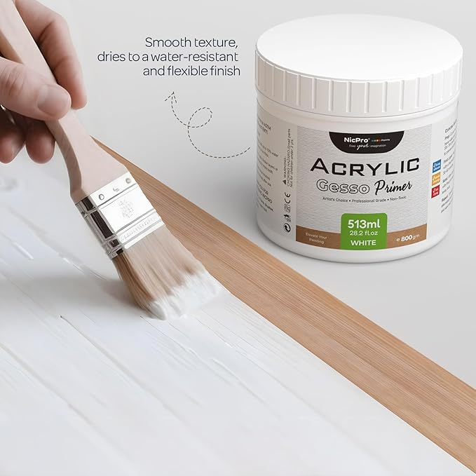 Nicpro White Gesso Primer for Acrylic Painting(28.2 Oz / 513ML), Excellent Coverage, Gesso Surface Prep Medium for Acrylic Paint & Oil Paint, Heavy Gesso Primer for Canvas, Wood, Paper, Plastic