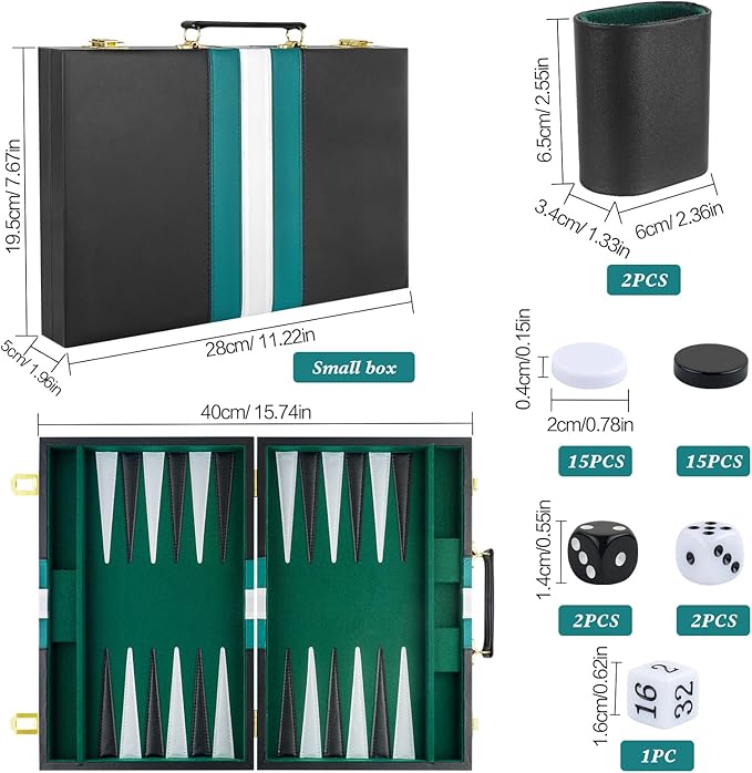 Backgammon Set 2 Players Classic Backgammon Sets for Adults Board Game with Black PU Leather Case Portable and Travel Backgammon Set (Green, 11inch)