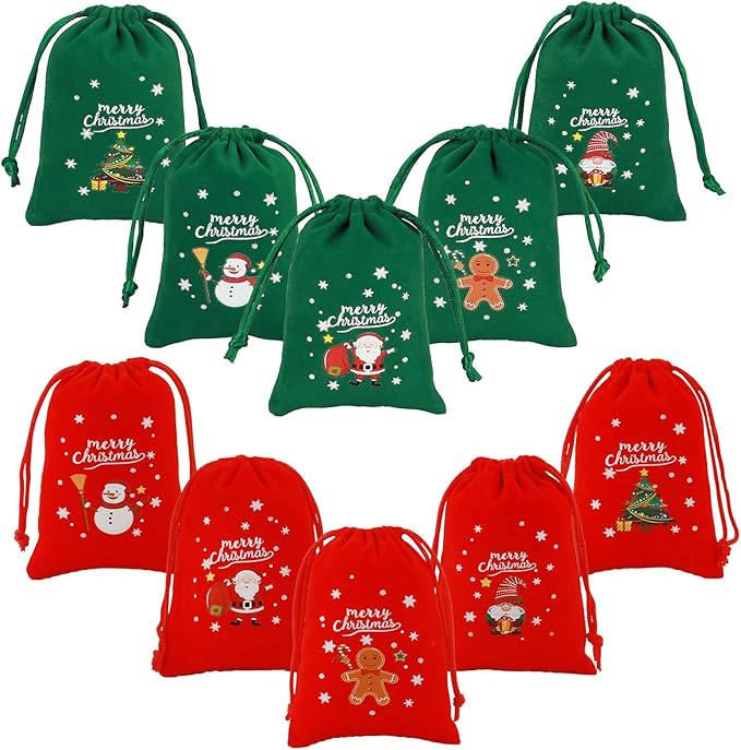 Tapleap Christmas Bags with Drawstring - 50Pcs 3x4 Red and Green Velvet Cloth for Wrapping Dice, Jewelry, Party Favors or Gifts for Friends, Children, Customers