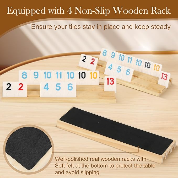 Upgraded 2-4 Players Rummy Game, 106 Melamine Tiles, 4 Wooden Racks, Premium Portable Case, Drawstring Bags, Tile Board Games for Adults, Birthday Gifts for Men Women Dad Mom