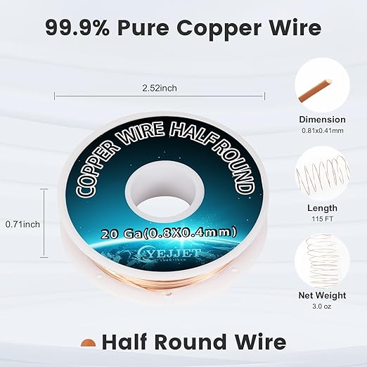 Extra Long 20 Gauge Copper Wire Half Round - 3.0 oz (115 Feet) Conductive Metal Wire for Model Making & Wire Wrapping
