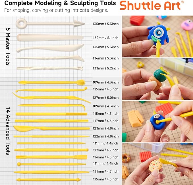Shuttle Art Polymer Clay Kit, 50 Colors, Soft Oven Clay Kit, 19 Carving Tools and 10 Kinds of Accessories, Non-Stick, Non-Toxic, Ideal Gift for Kids