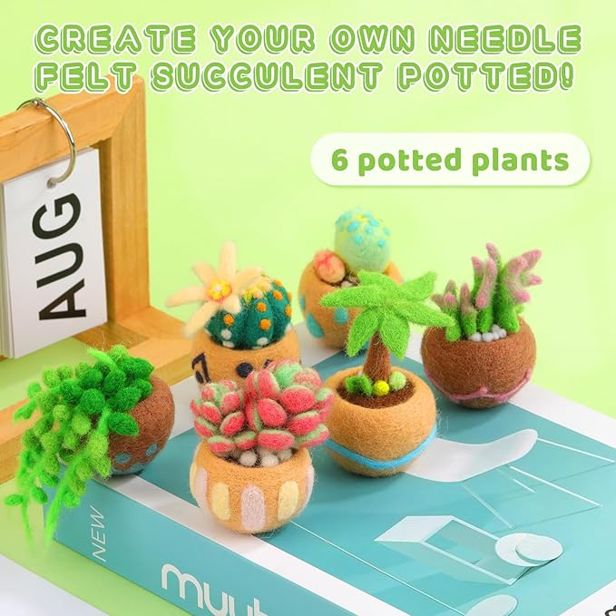 Yizzvb Needle Felting Kit, 6 Pcs Succulent Felting Kit for Beginner, Felting Kit, Needle Felting Tools Including Wool Roving, Foam Mat, Felting Needles and Instructions for DIY Felting Starters