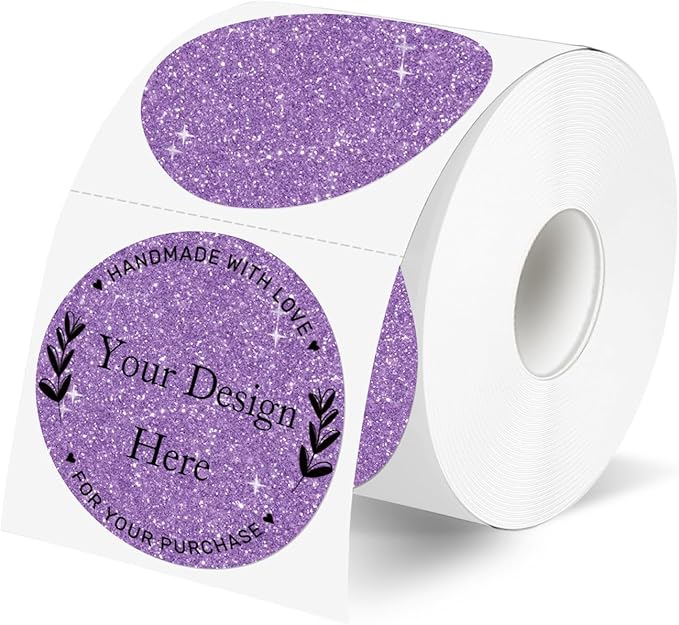 2" Holographic Thermal Label Stickers, Round Direct Thermal Label Stickers, Glitter Thermal Printer Sticker Labels for Gift Wrapping, Perforation Line Design- Glitter Purple