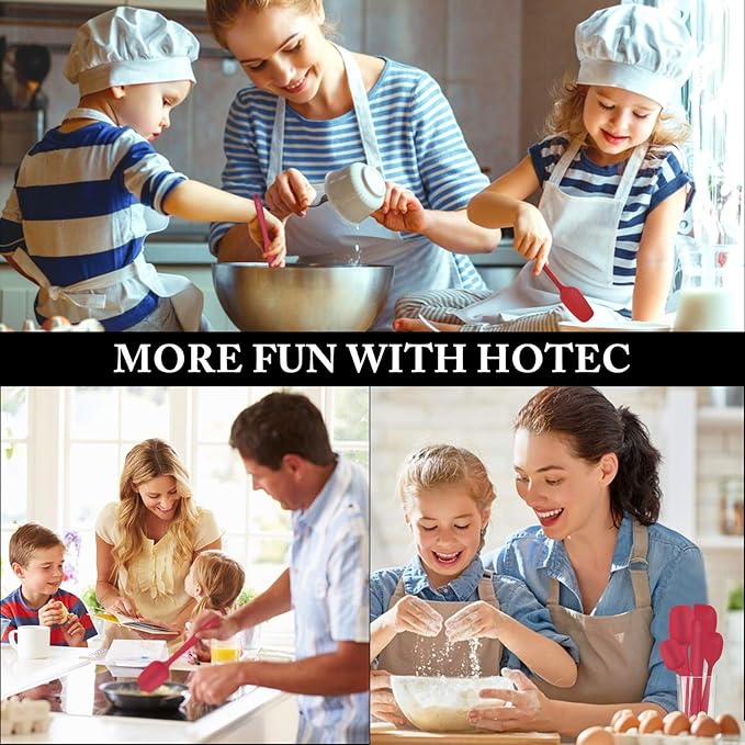 HOTEC Heat Resistant 600℉ BPA-Free Silicone Rubber Spatula Set, Kithchen Cooking Spatulas, Baking, Mixing, for Non Stick Cookware, Dishwasher Safe, Red Set of 5