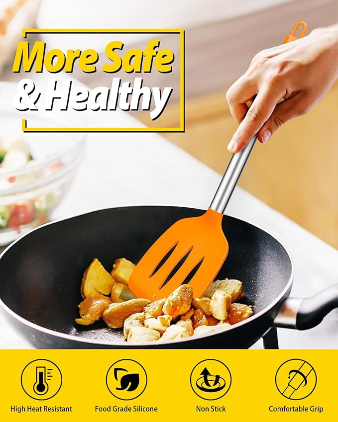 Pack of 4 Silicone Cooking Utensils Set, Non Stick Large Solid Spatulas, Heat Resistant Slotted Spoons, Ideal BPA Free Kitchen Turners for Frying, Mixing,Serving,Draining,Turning,Stirring (ORANGE)