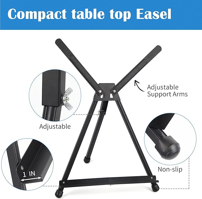 Falling in Art Aluminum 15" to 21" Tabletop Easel Display, Black Tripod with Rubber Feet, Holds Canvas, Paintings, Books, Photos, Signs