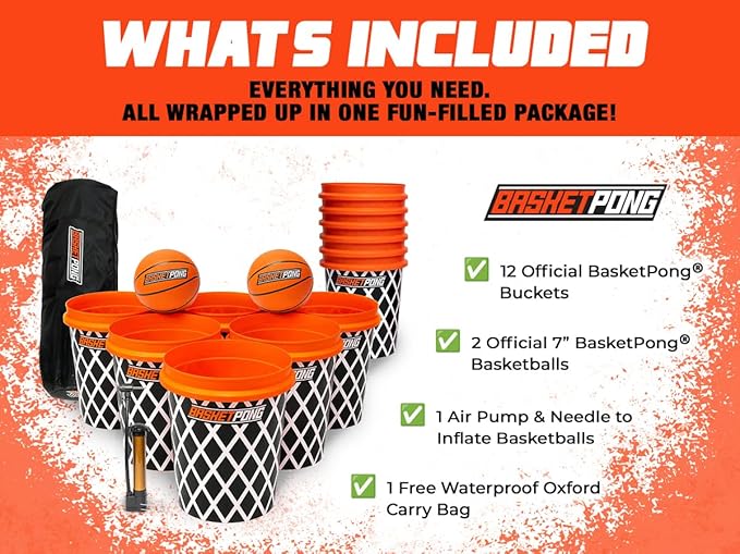 Giant Yard Pong and Basketball Game with 12 Buckets, 2 Balls, Carrying Bag, and Air Pump – Outdoor Game for Lawn, Backyard, Beach, and Parties