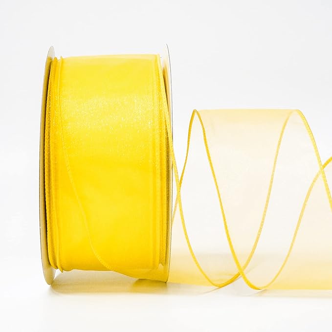 CT CRAFT LLC Sheer Organza Wired Ribbon 2.5" x 50Yards Yellow for Wedding Chair Bow Flora Bouquet Gift Wrapping Christmas Tree Home Decor Wreath