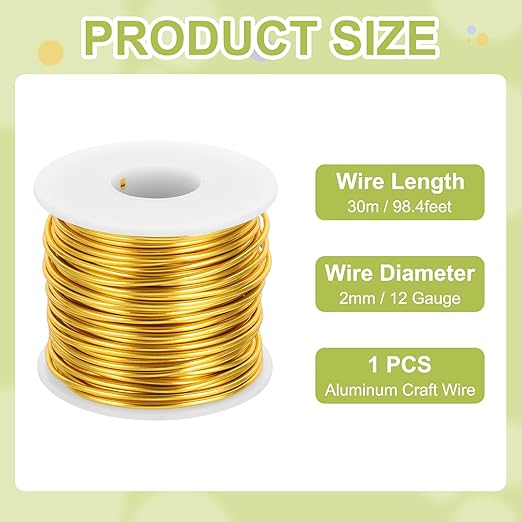 MECCANIXITY 12 Gauge Anodized Aluminum Craft Wire Bendable Bonsai Training Wire 98 Feet 2mm for Sculpting Crafts Wreath Floral Beading Jewelry Making, Gold Tone