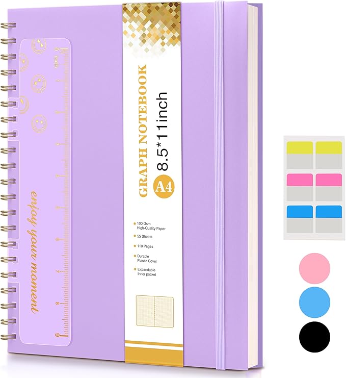 Graph Paper Notebook, Spiral Notebook Journal 8.5” x 11”, A4 Large Grid Notebooks for Women Men, 100 GSM Graph Paper, Plastic Hardcover Spiral Graphing Journals for Work School Engineerin, Purple