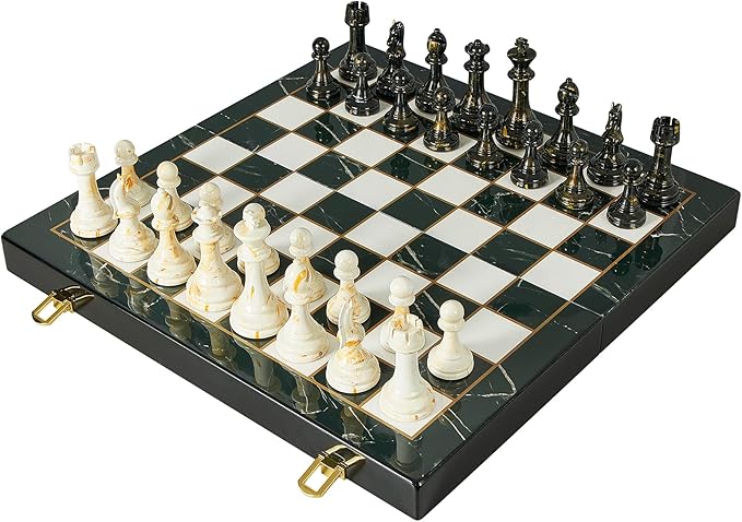 15" Large Chess Set for Adults- Weighted Acrylic Pieces Including Extra 2 Queens, 3.5" King w/Leather Base, Portable Folding Marbling Wooden Chess Board - Travel/Family Game & Elegant Gift