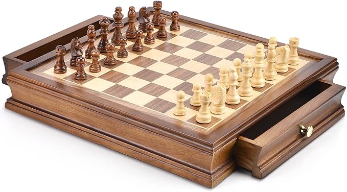 AMEROUS 12.8" x 12.8" Magnetic Wooden Chess Set with 2 Built-in Storage Drawers - 2 Bonus Extra Queens - Gift Packaging - Staunton Chess Pieces, Board Games Chess Sets for Adults and Kids