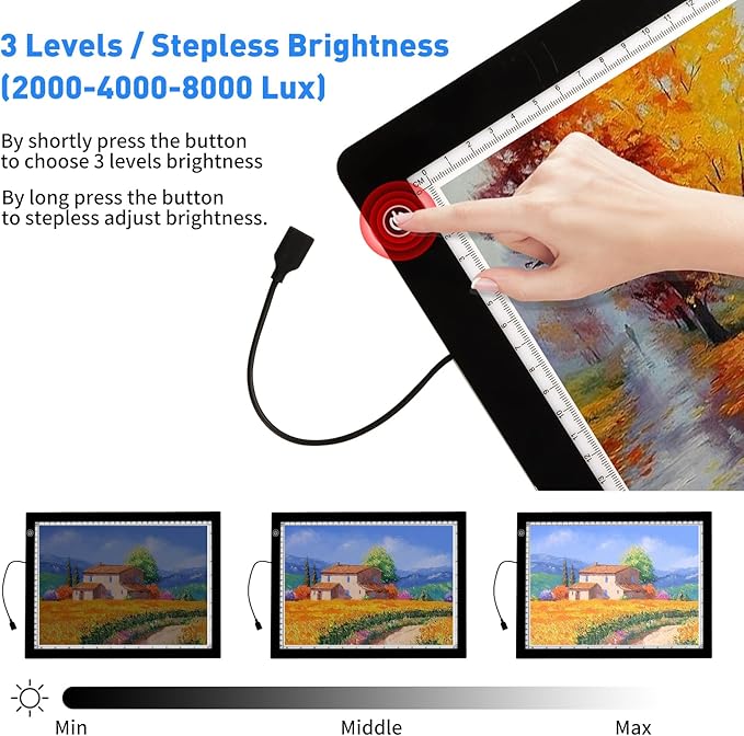 A4 Light Pad with Foldable Stand, UL Certified Adapter, 8000 Lux Super Bright Ultra Thin Pad for Cricut Weeding Vinyl, Artist Drawing Light Box/Board/Table for Tracing, Sketching - Black