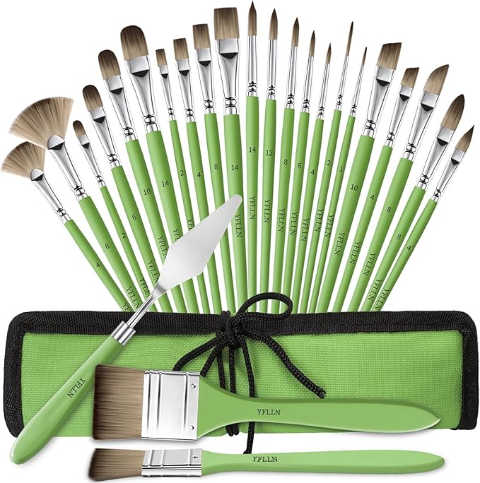 Paint Brushes Set of 25 Pieces Wooden Handles Brushes，Professional Artist Series with Filbert, Fan, Dagger, Cat Tongue, Round, Angle, Wide Flat Canvas Roll Bag & Palette Knife