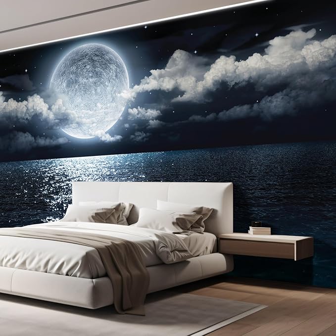 wall26 Wall Sticker/Wall Mural Sea Under Moonlight, Not Peel and Stick, Non-Woven Wallpaper Decorative for Bedroom, Living Room, Office - 99x96 inches