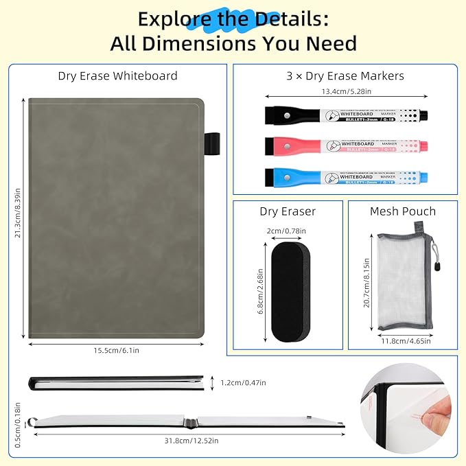 AGM Portable White Board Dry Erase Notebook, 8.4" x 6" Double Sided Folding Whiteboards with 3 Pens, Small Travel Dry Erase Board Skin-Friendly Material for Study, Meeting, Planning, Grey