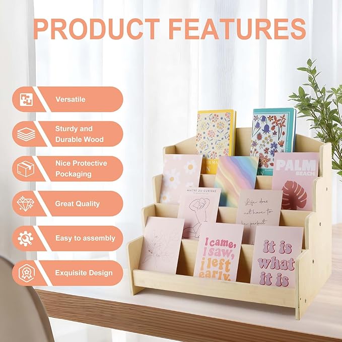 4-Tier Wooden Greeting Card Display Stand, Sticker Organizer Rack, Retail Counter Holder for Postcards and Photos& Stationery Vendors (Burlywood)