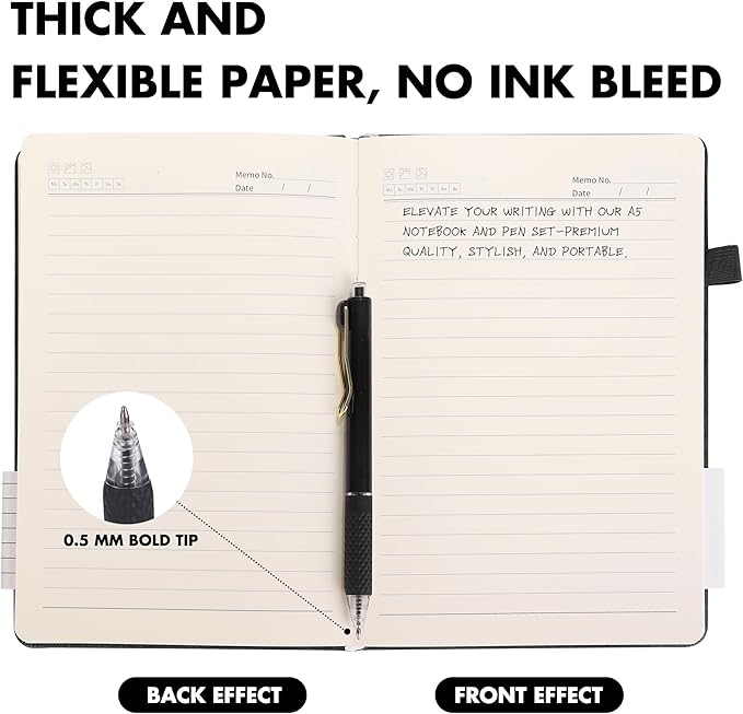 Aodaer 1 Set Lined Notebook Journal with Pen A5 Notebooks 100 GSM College Ruled Hardcover Notebook PU Leather Notepad with Pen Holder for Office School, 5.7 x 8.3 Inches, Black
