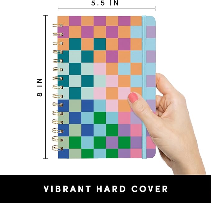 PAPERAGE Lined Spiral Journal Notebook, (Checkered Rainbow), 160 Pages, Hardcover Journal for Women & Men, Medium 5.5 in x 8 in - 100 GSM, Thick Paper, Spiral Notebook for Work, School & Journaling